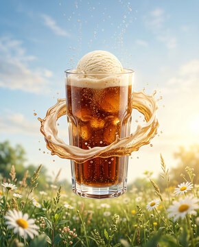 Refreshing Root Beer Float Floating Above Summer Meadow for Sweet Celebration