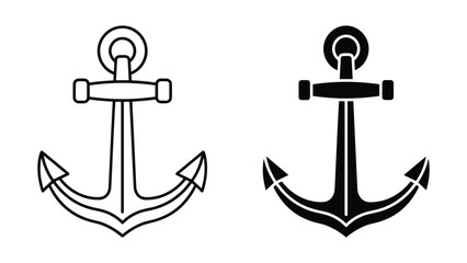 Set of two anchor icons, outline and solid black silhouette, nautical symbol for maritime design, vector illustration isolated on white background © Shahriyar