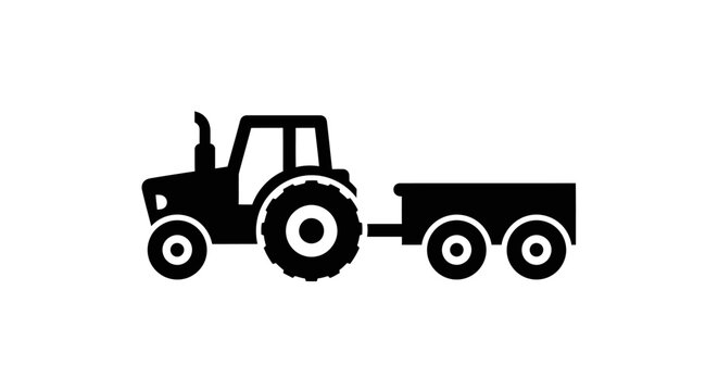 A simple black icon of a farm tractor pulling a trailer