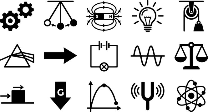 Set of physics science icons including mechanics, electricity, optics, magnetism, and atomic structure