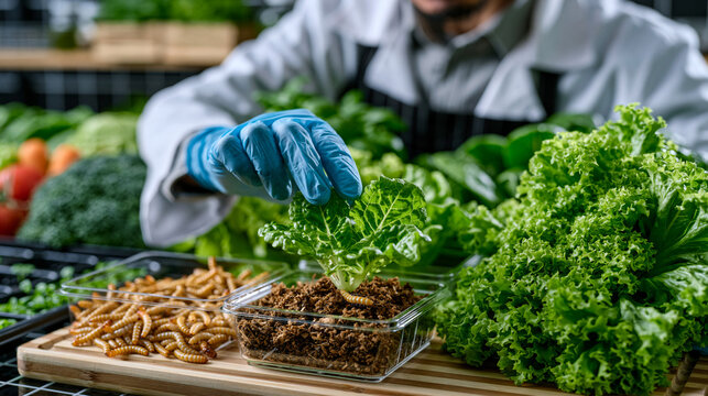 Insect protein research scientist presenting mealworm frass fertilizer byproduct samples to organic vegetable farm operator, farm-to-table circular nutrient loop concept visible in symbolic still li