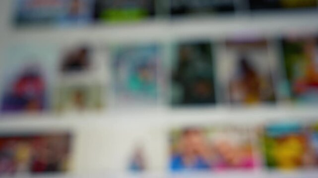Blurred screen showing a grid of colorful image thumbnails on a website or digital gallery interface
