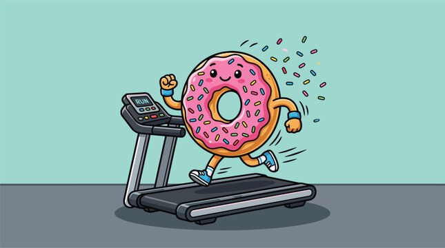 Cute cartoon donut character running on a treadmill, staying active and exercising in a fun fitness concept illustration