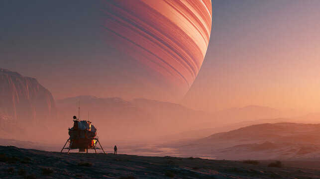 Futuristic lunar lander on a rocky terrain with a large gas giant planet and colorful rings visible in the sky during twilight hours