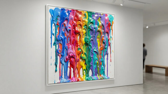 Colorful abstract painting in art gallery. Modern rainbow textured art on white wall.