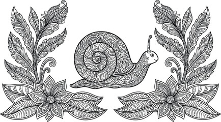 Intricate mandala snail vector illustration framed by detailed abstract floral elements and symmetry leaves for adult coloring book isolated on white background © MstBizly