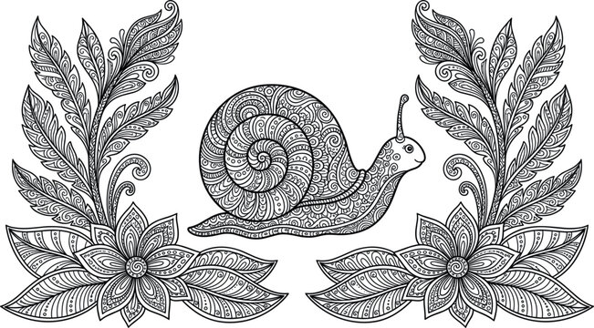 Intricate mandala snail vector illustration framed by detailed abstract floral elements and symmetry leaves for adult coloring book isolated on white background
