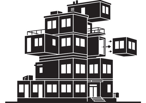 Building with Modular Design and Detached Room Illustration Featuring Architecture, Black, White with Vector and Modern Elements