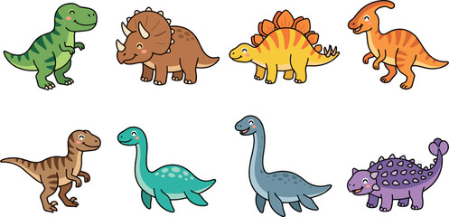 Cute cartoon baby dinosaurs vector illustration collection set featuring colorful t-rex triceratops stegosaurus and brachiosaurus isolated on white background. © MstBizly