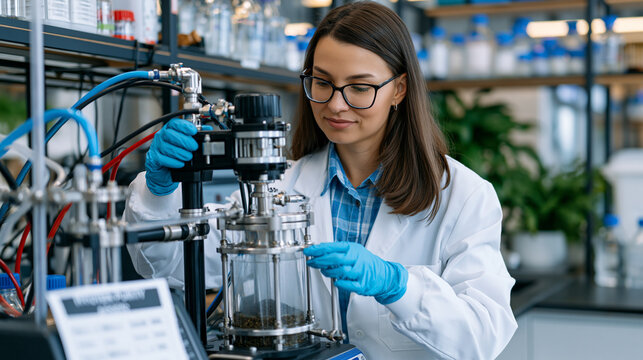 Plant protein extraction startup lab technician operating high-pressure homogenizer processing hemp seed protein concentrate, food science process in action, functional ingredient manufacturing with