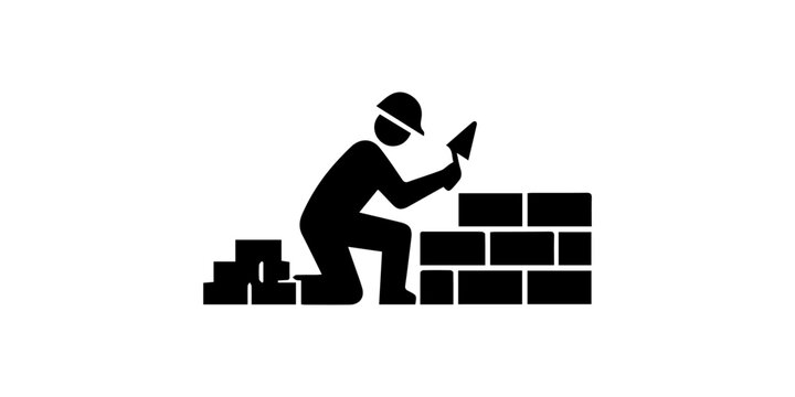 Bricklayer Construction Worker Black Silhouette Icon Isolated on White Background Vector.
