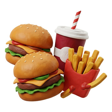 Fast food combo with two cheeseburgers, crispy fries, and soda cup with striped straw, restaurant meal set for menu design and takeout branding