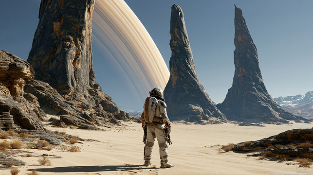 Astronaut in a spacesuit stands on a sandy alien landscape with towering rock formations and a large ringed planet visible in the sky during a clear day