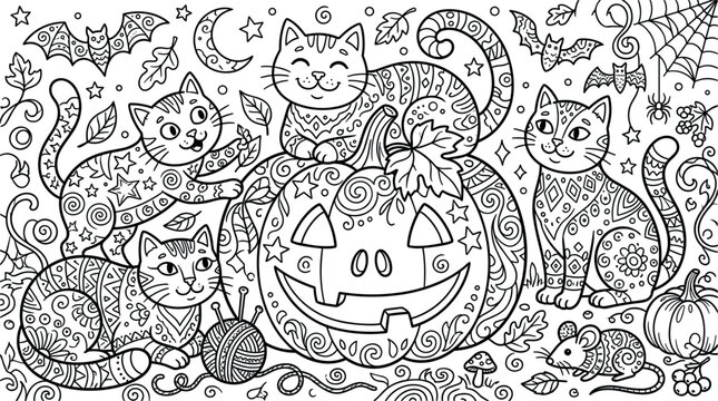 Intricate zentangle Halloween cats and pumpkin vector illustration banner featuring detailed doodle patterns bats and spider webs for adult coloring book pages.