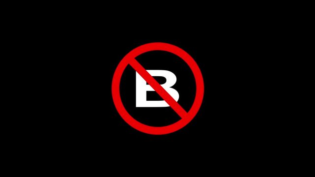 Red prohibition sign with white letter b rotating on black background for restriction motion animation.