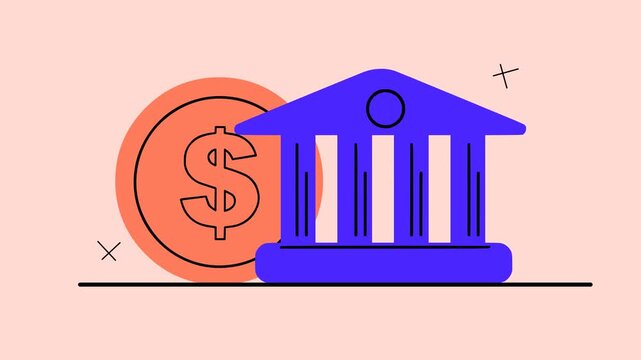 Bank building appearing with a large gold dollar coin behind it in flat line art animation style