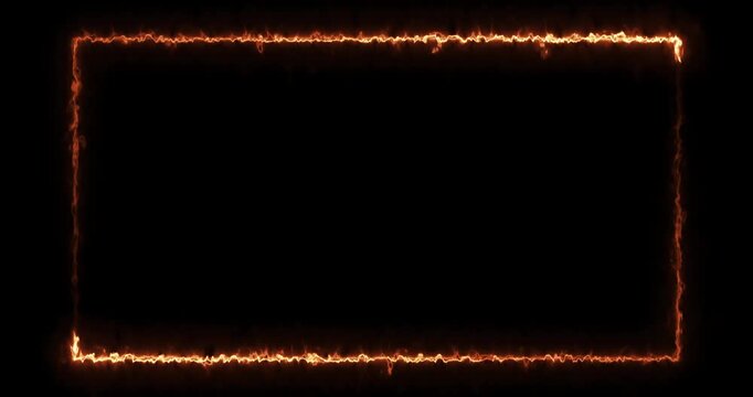 Futuristic glowing electric line rectangle border loop animation. video with cyberpunk style neon fire border streaming frame black background