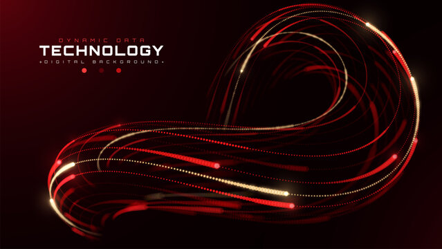 Futuristic Red Gold Glowing Dot Particle Curve Line Graphic Displays Luxury Dynamic Data Analysis Concept Delivering Technology Advanced Internet System Information or Business, financial.