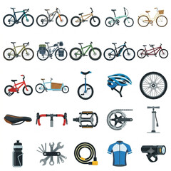 Flat Bicycle Collection Vector Set with Bike Types, Cycling Equipment and Accessories Icons © Diant