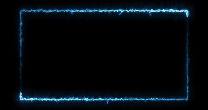 Futuristic glowing electric line rectangle border loop animation. video with cyberpunk style neon fire border streaming frame black background