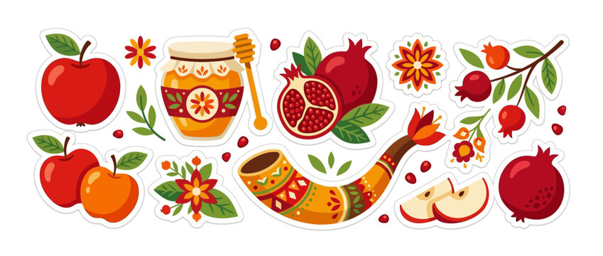 Rosh Hashanah Holiday Icons Set with Honey Apples and Pomegranate