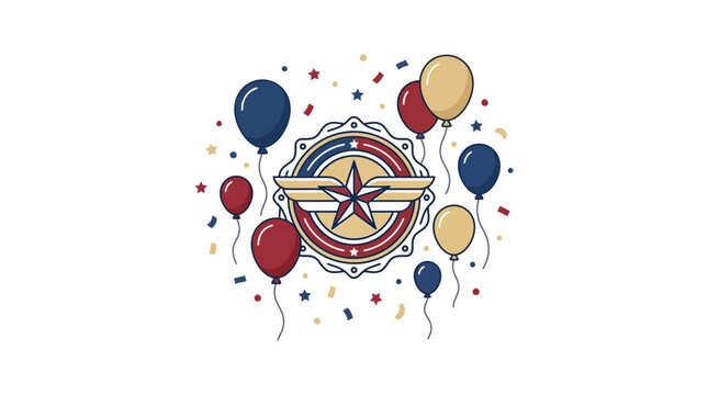 Patriotic Heroic Shield Badge with Wings and Colorful Celebration Balloons