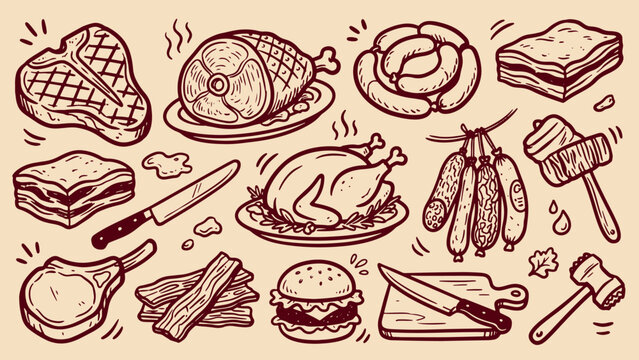 Vintage meat illustration featuring steak ham sausages sandwich chicken pork chop bacon hamburger and kitchen tools drawn in brown sketch style on beige background