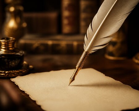 A classical feather quill with a golden ink tip above blank parchment.