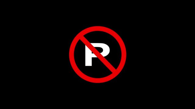 No parking sign symbol animated on black background for traffic regulation graphic design media element.