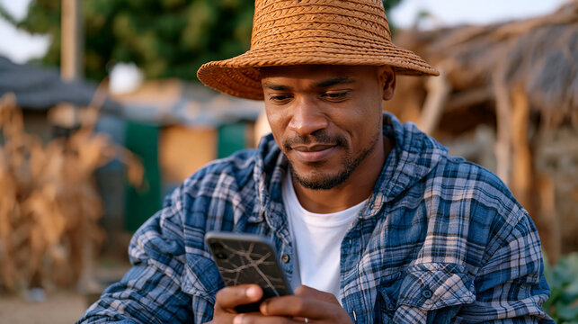 Young smallholder farmer in sub-Saharan village reviewing agricultural loan approval notification on cracked-screen smartphone under harsh midday sun, fintech microfinance interface in local languag