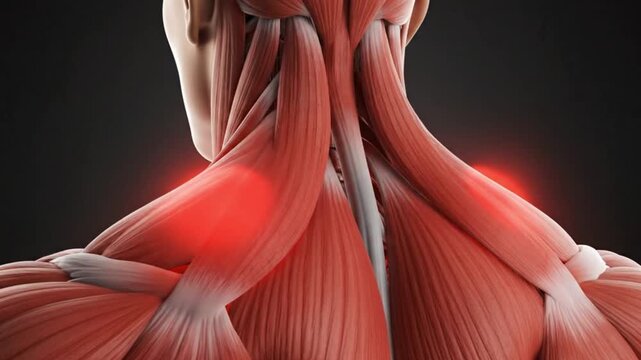 3d medical illustration of human neck and shoulder muscles with highlighted pain areas