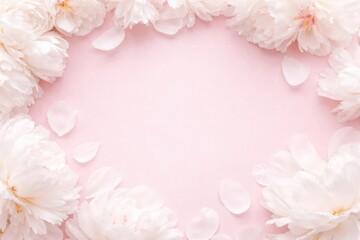 White Peonies and Petals Framing a Soft Pink Background in Delicate Arrangement © AkuAku