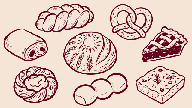 Vintage bakery illustration featuring assorted breads pastries pretzel pie and focaccia sketched in reddish brown lines on beige background highlighting artisanal baked goods