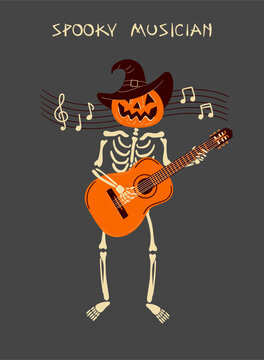 Pumpkin Skeleton Guitarist Hand-Drawn Vector