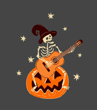 Hand-Drawn Skeleton Guitarist on Pumpkin Vector