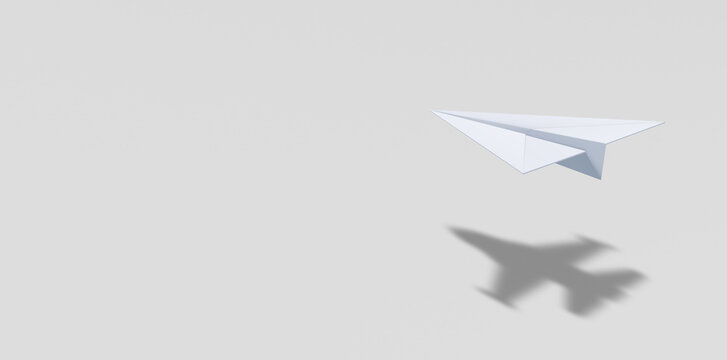 Big idea, startup and motivation concept. Paper Airplane Casting Fighter Jet Shadow on white background.