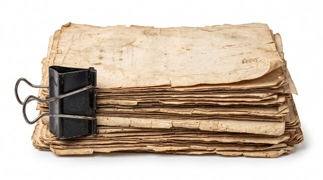 Vintage paper stack with metal binder clip, antique aged documents on white background, retro textured manuscript sheets