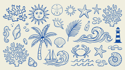 Ocean and beach-themed blue line illustrations with coastal motifs on beige background © Abdul Waheed Studio