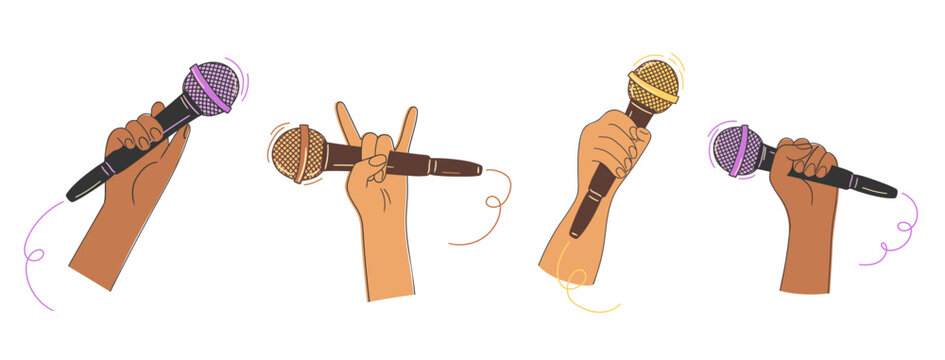 Hands Holding Microphones Vector Clip Set