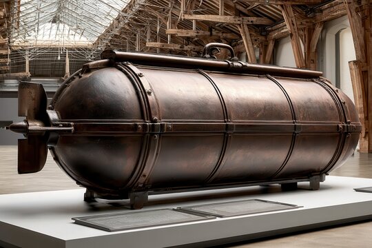 A vintage metal naval mine on display in a museum. War history.