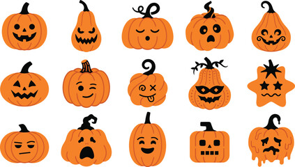 Obraz premium A collection of various hand drawn orange pumpkins with different funny and spooky carved faces for halloween holiday design