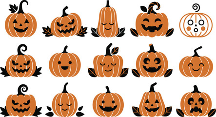 Fototapeta premium Set of cute hand drawn pumpkins with various funny and spooky faces for halloween holiday design elements collection