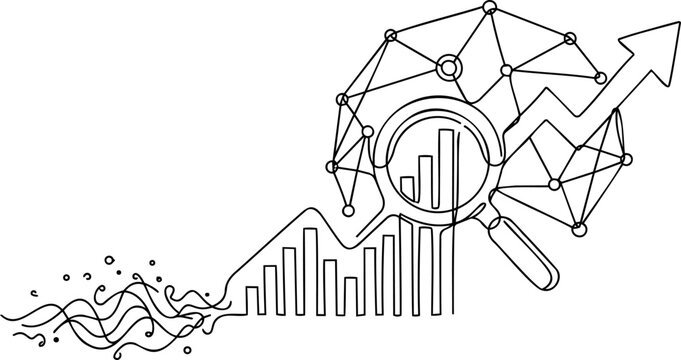 Continuous one line drawing of generic chaos turning into bar chart with magnifying glass network nodes and upward arrow for business analytics concept vector