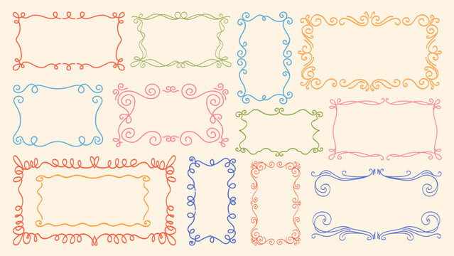 Hand drawn wavy doodle border frame shapes, retro oval curve edge and rectangle border. Elegant empty picture or letter frame with scalloped edges, cute vintage ornate sketch isolated vector set