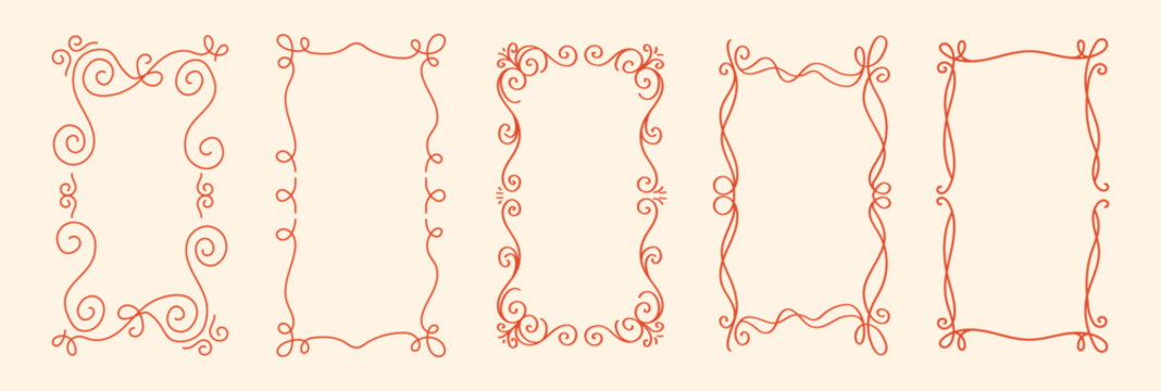 Hand drawn wavy doodle border frame shapes, retro oval curve edge and rectangle border. Elegant empty picture or letter frame with scalloped edges, cute vintage ornate sketch isolated vector set