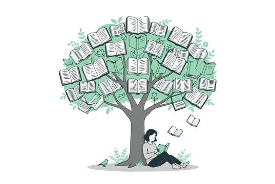 Woman Reading Under a Knowledge Tree with Books as Leaves Illustration.