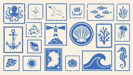 Nautical postage stamp illustrations with marine motifs in vintage blue on beige background © Abdul Waheed Studio