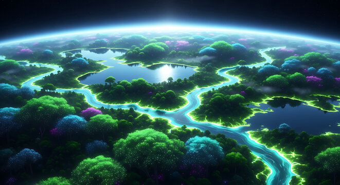 Glowing fantasy planet landscape with rivers at night