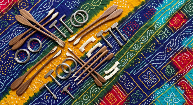 Overhead flat lay of Indian Santoor zither tuning tools on Bandhani cloth