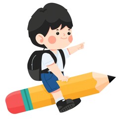 Cute Student Sitting on Giant Pencil Cartoon Illustration